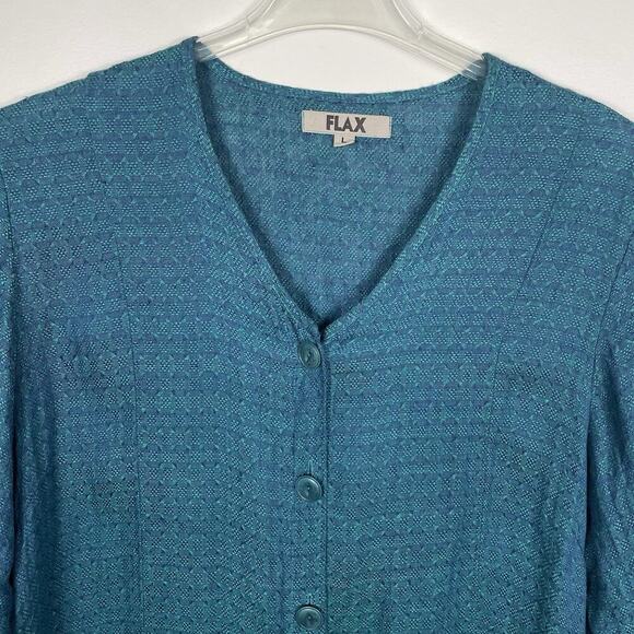 Flax 100% Linen Tunic Top Womens Size Large Teal Textured Boho Beachy Lagenlook - Picture 4 of 13